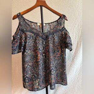 Love Stitch Paisley Cold Shoulder Blouse - Navy and Red